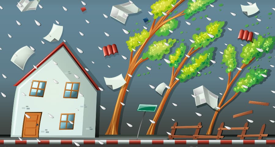 Graphic of a storm impacting a residence and the immediate surroundings