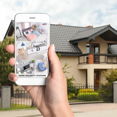 Jonesboro vivint phone display of cctv live feed in front of a house